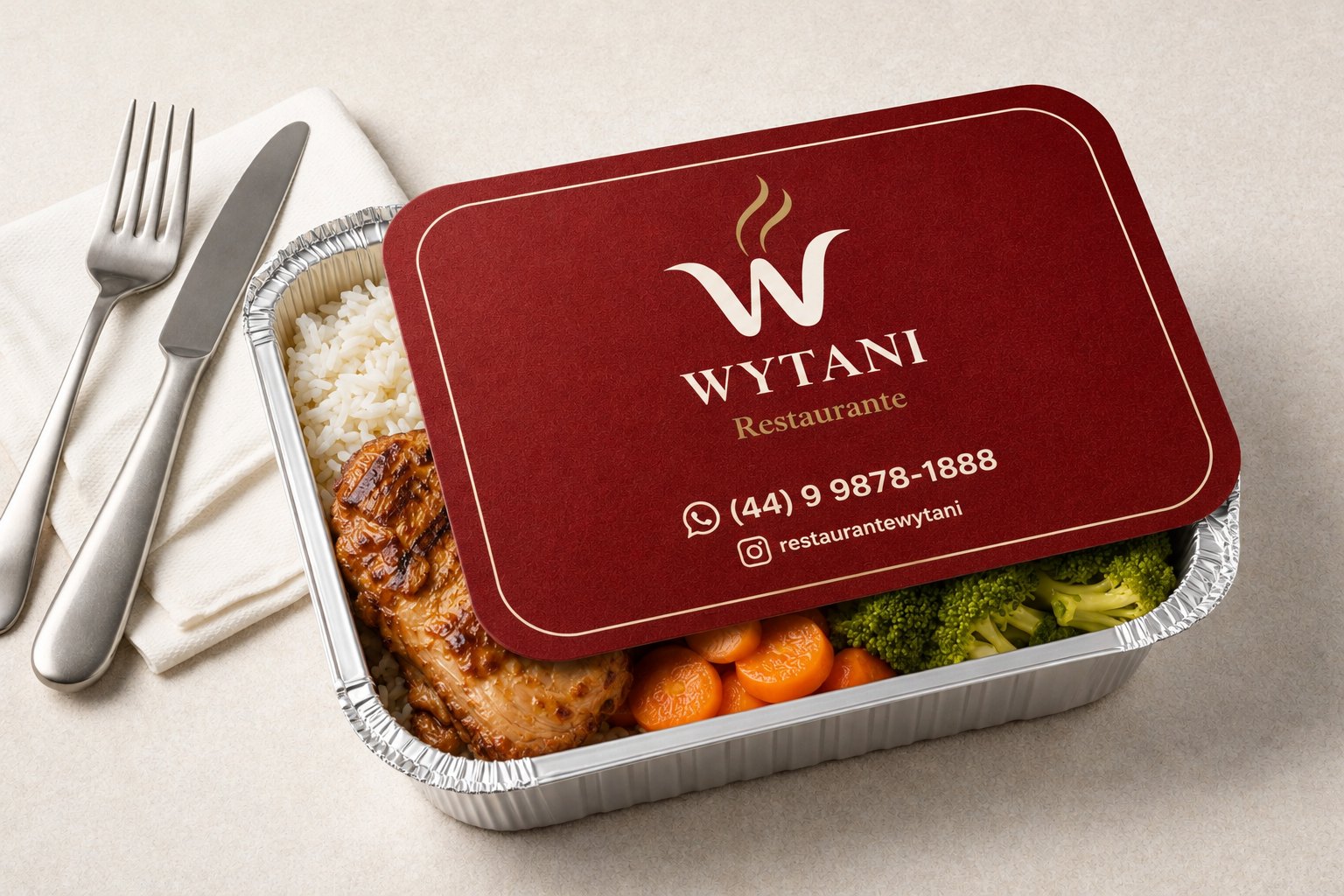 Marmita do Wytani Restaurante com tampa vinho personalizada com logo, WhatsApp e Instagram